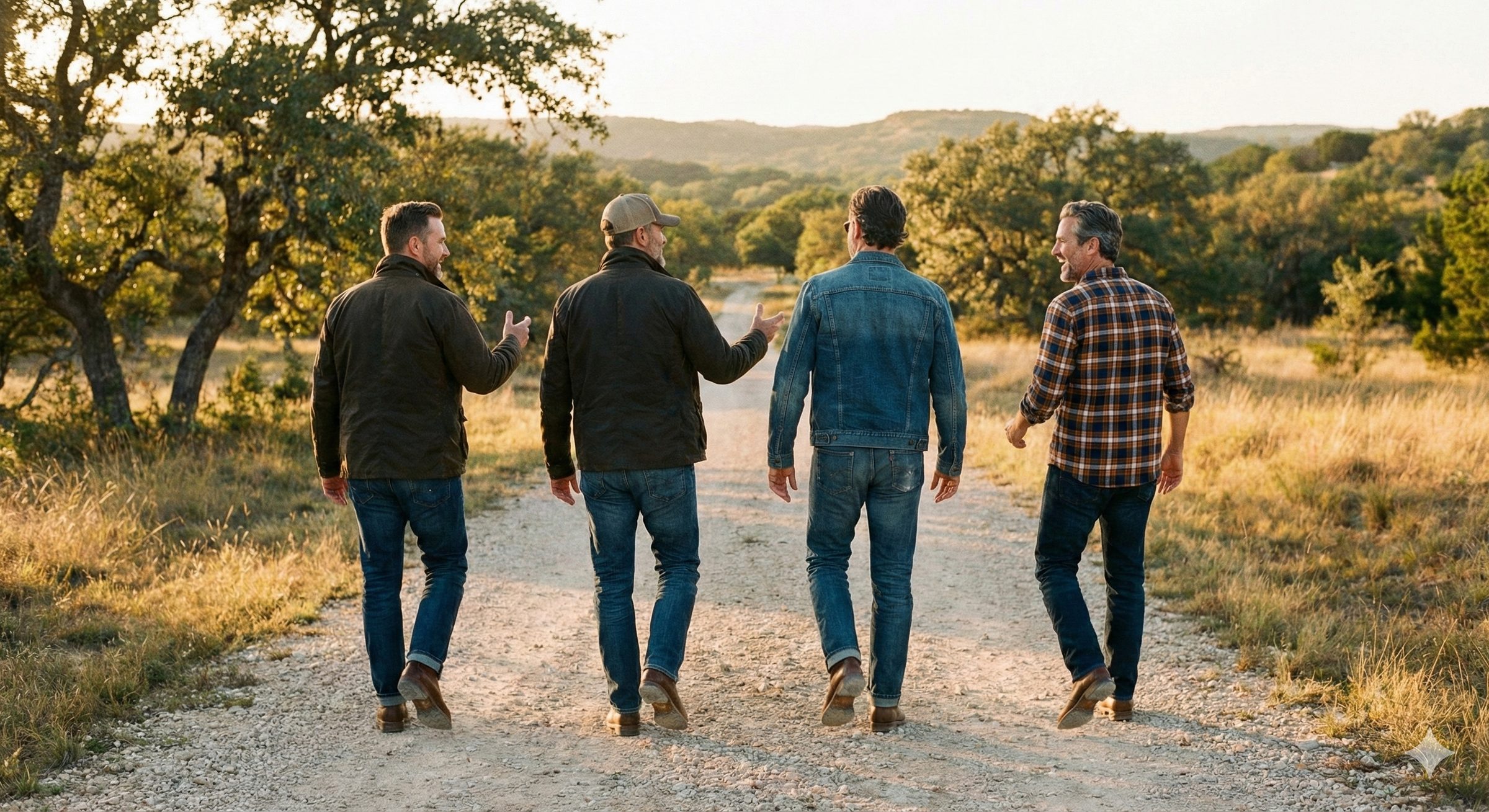 Men walking together on a Hill Country path at golden hour