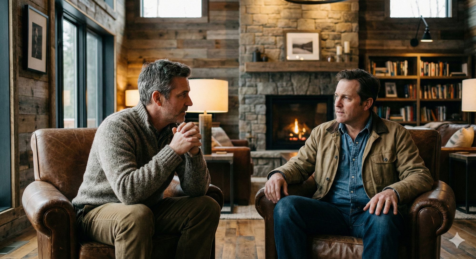 Deep conversation in a warm, modern lounge