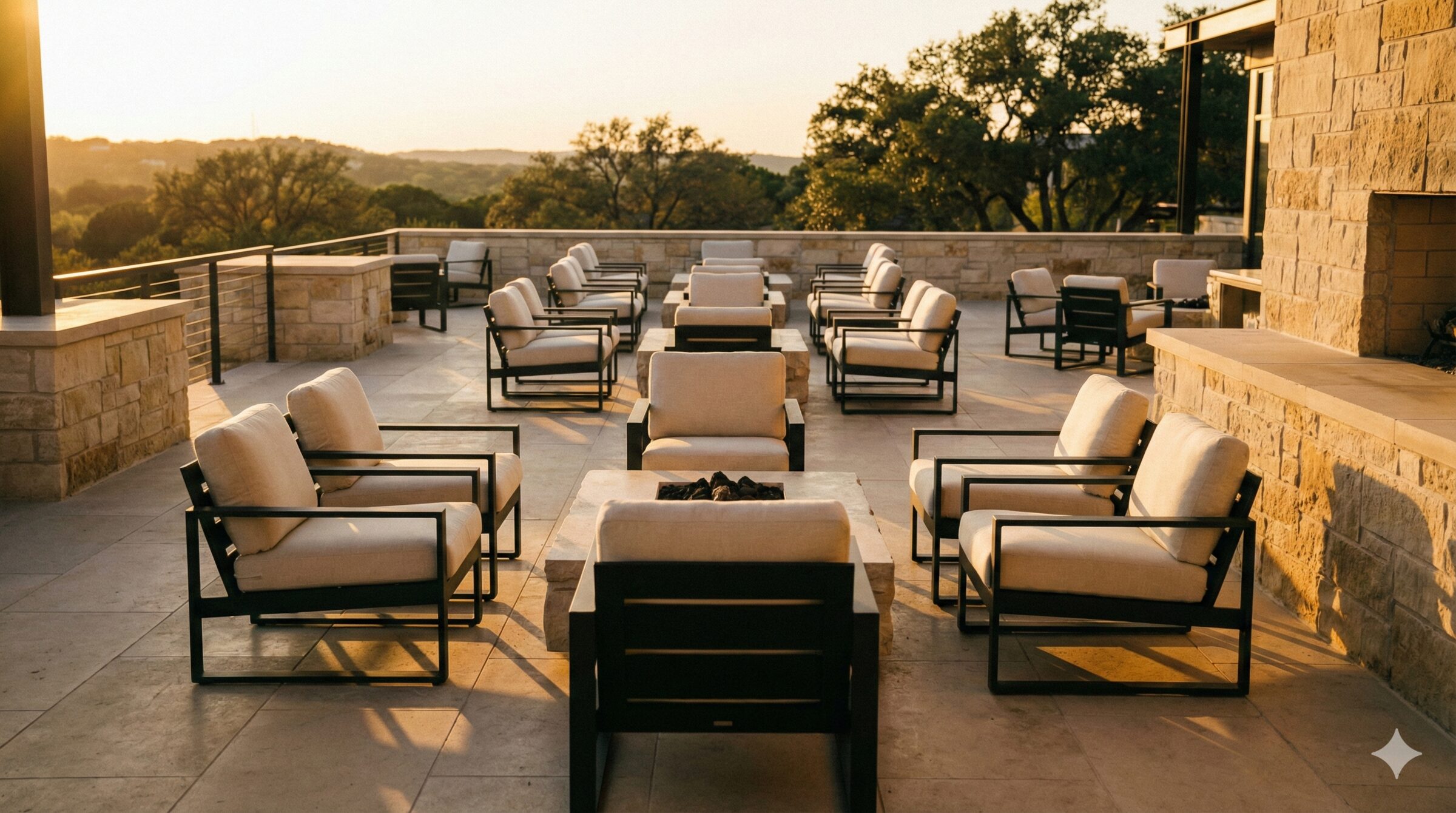 Luxury Hill Country venue terrace at golden hour